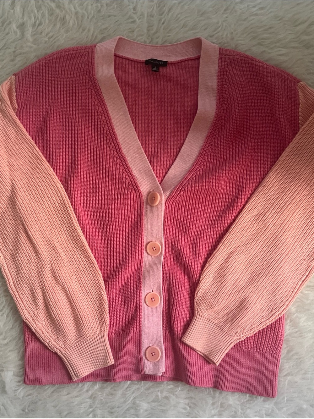 Talbots Pink Two-Tone V‑Neck Button Cardigan